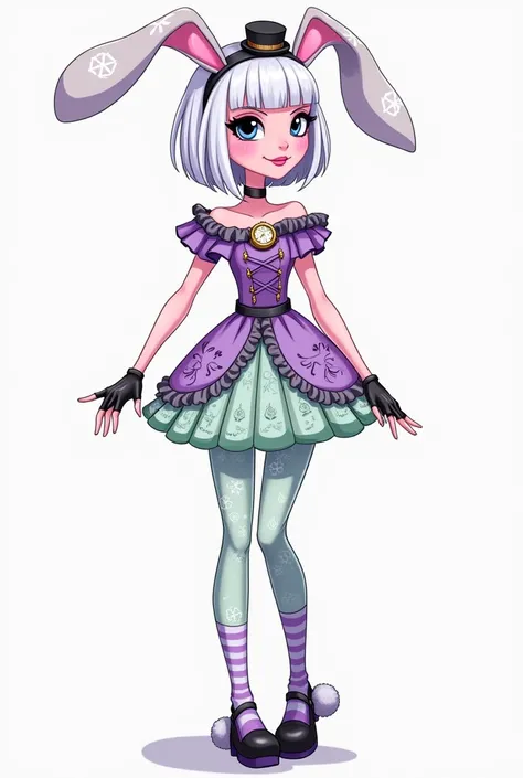 Imagem da filha da Kitty Cheshire e da Bunny Blanc de Ever After High: A teenage girl with short straight white hair to her shoulders with bangs, bunny ears with a very small black hat headband with a gold watch, blue eyes with cat pupils, Pink skin, lilac...