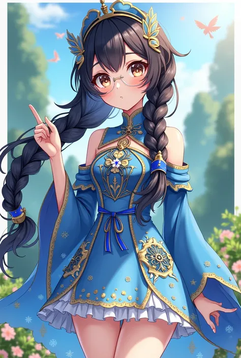 Genshin style. Girl with long dark hair in a braid. Bright eyes. Wears glasses and a short blue dress with long sleeves and a lot of accessories 