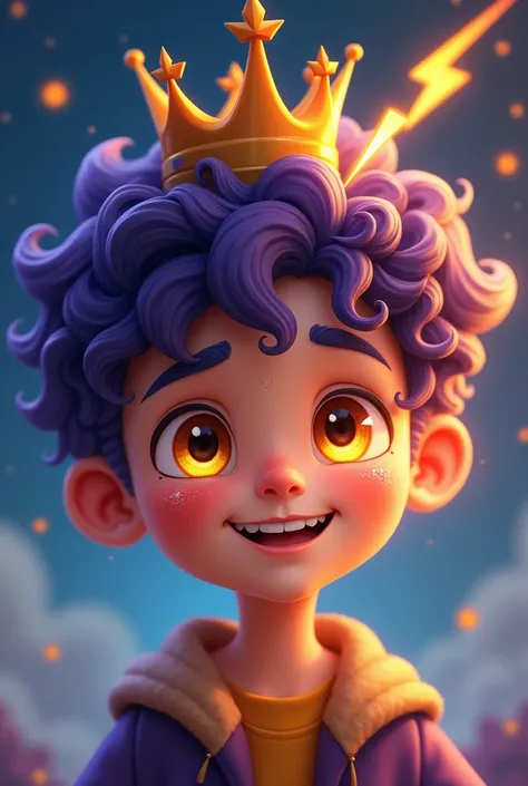 Generates a boy with his face halfway. smiling with eyes that are a sun, He has a lightning bolt on his face, a crown, and short curly purple cartoon hair.