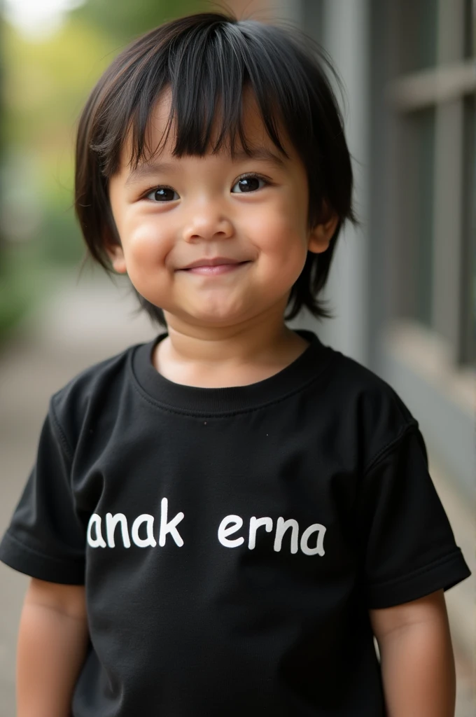 Realistic photo of a  child wearing a black t-shirt with the words "anak erna" written on it.