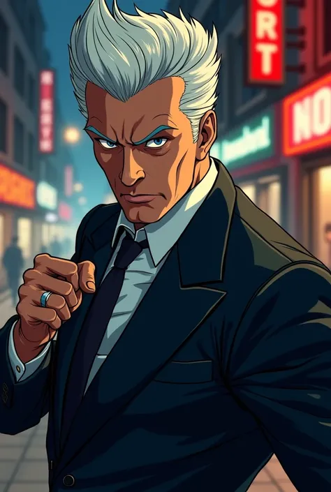 White man with red pompadour hair and mobster outfit in 1950 Age 40 Anime Arts