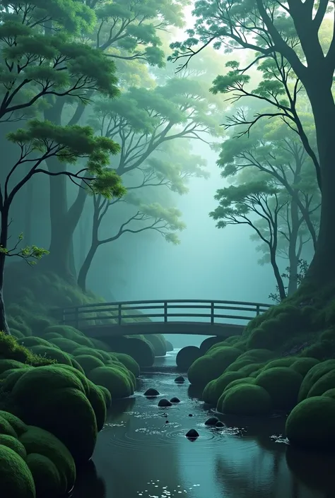 Early morning in the misty forest、Asahiga Tree々Plug in from between、The fog glows mysteriously。The stream flows quietly、There is a wooden bridge over it。With the birds chirping、A quiet scene in which the camera slowly moves deeper into the forest.