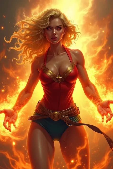 A Brazilian heroine fighting, she must have blonde curly hair and red eyes and her power must be fire 