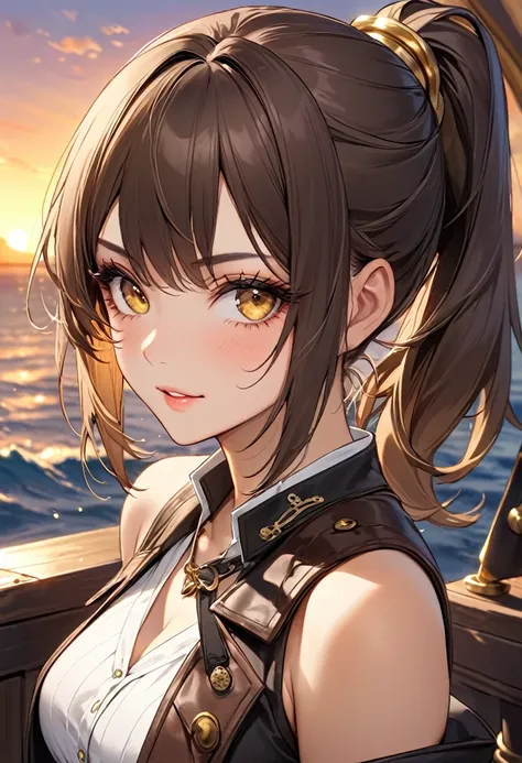 ((best quality)), ((Masterpiece)), (details), Young woman, (Medium bust, brown hair, yellow eyes, ((Ponytail)) , handsome face, (Tanned skin:1.3),Long eyelashes,Thick eyelashes), pirate, ชุดpirate, Real gold bracelet,leather belt, หมวกpirate, ดาดฟ้าเรือpir...