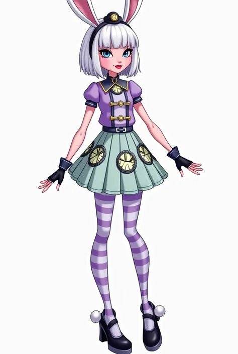 Imagem da filha da Kitty Cheshire e da Bunny Blanc de Ever After High: A teenage girl with short straight white hair to her shoulders with bangs, bunny ears with a very small black hat headband with a gold watch, blue eyes with cat pupils, Pink skin, lilac...