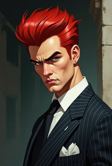 White man with red pompadour hair and mobster outfit in 1950 Age 35 Anime arts