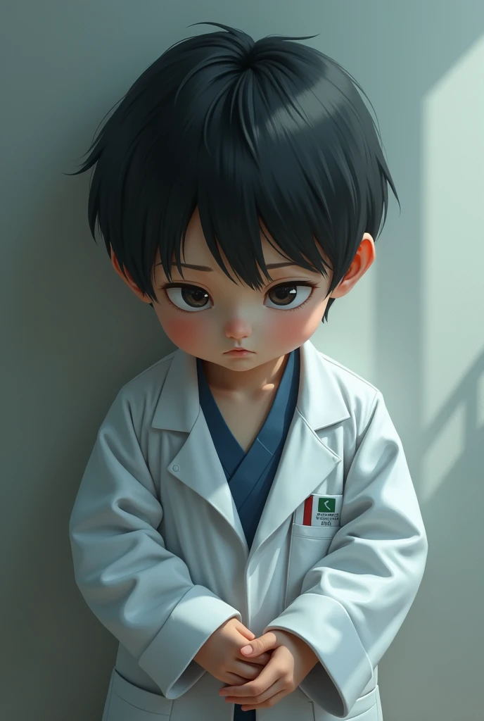 A little boy male doctor black hair a  who looks alone 