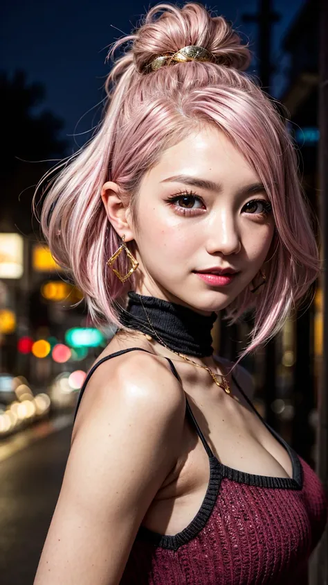 Highest quality, Tabletop, Ultra-high resolution, (Realistic:1.4), (Japanese Idols),RAW Photos, One Girl, night,Detailed skin,Blurred streetscape of Korea,,blonde, (Pink inner hair:1.3),Glossy Lips,smile,(Model pose:1.2),2,Beautiful and beautiful eyes,Diam...