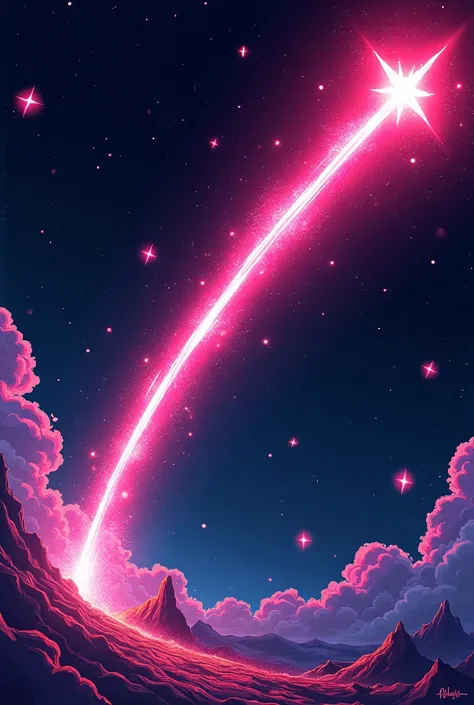 Ai Yazawa style drawing, of a shooting star that is traveling and leaving a trail of stars that twinkle as they grow and become smaller, in pink neon colors, on a dark background with distant stars in the background