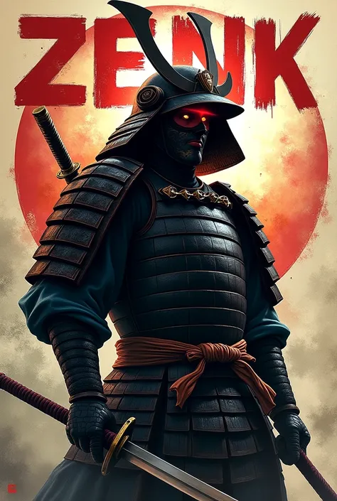 Zenk Create an image of a samurai from a manga with the word zenk written in the background 