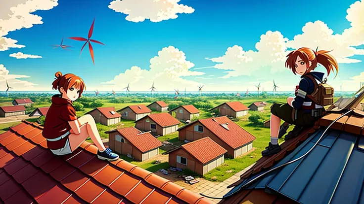 girl sitting on the roof of a house, strong wind, everything destroyed around and full of destroyed tanks and old missiles, anime style