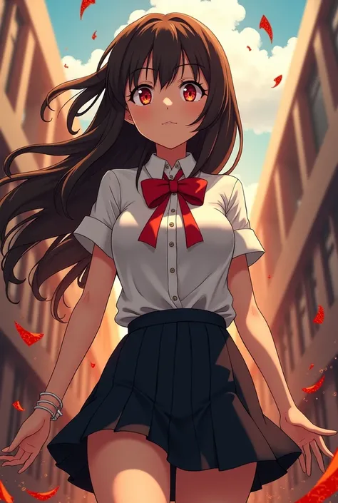 Alice the bully red eyes , tan skin, black skirt, white shirt, red bowtire on neck, brown , aanime meeting saitama