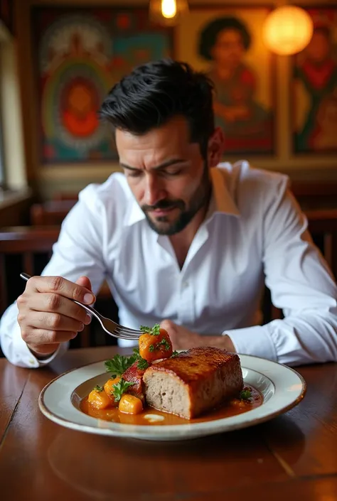 A man eating Peruvian pork