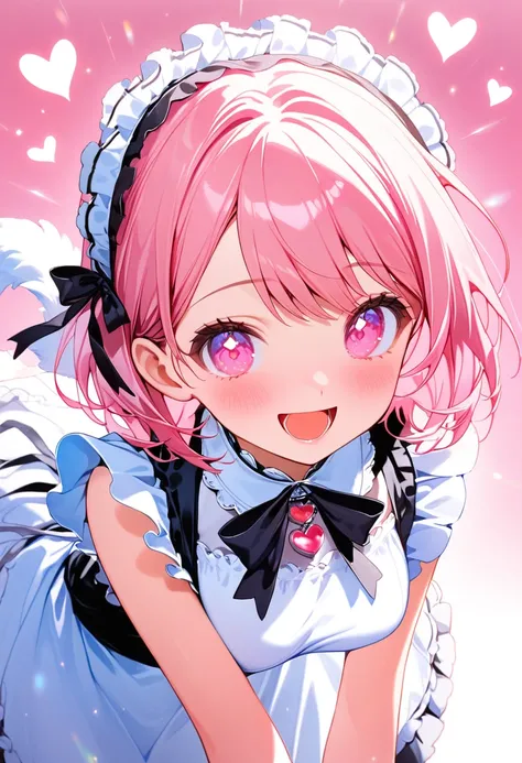 (1 girl), (pink hair), short bob hairstyle, fluffy layers, (bright pink hair with gradient), big round eyes, (sparkling pink irises), soft round face, blushing cheeks, (bright smile), (excited expression), slightly open mouth, (maid outfit), pink and white...