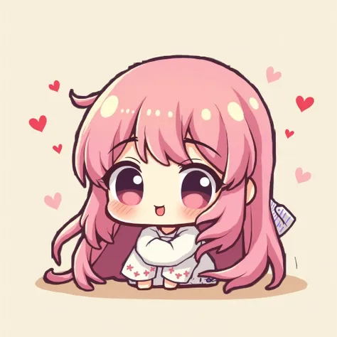 Chibi anime pixel art style, foreground, female character, pink long hair, pink eyes, calmed expression, blank background