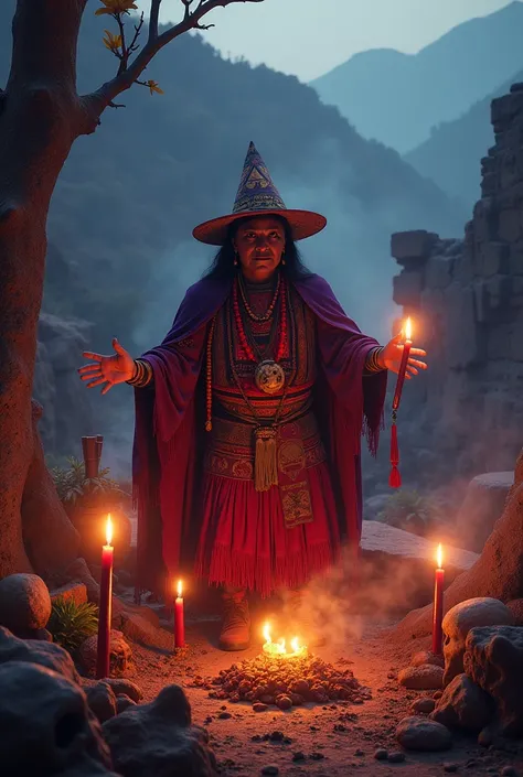 A high-quality Instagram reel thumbnail highlighting the theme of the widespread practice of witchcraft in Peru. In the center, a dramatic scene with traditional Peruvian elements: a mystical figure dressed in colorful Andean attire, performing a ritual wi...