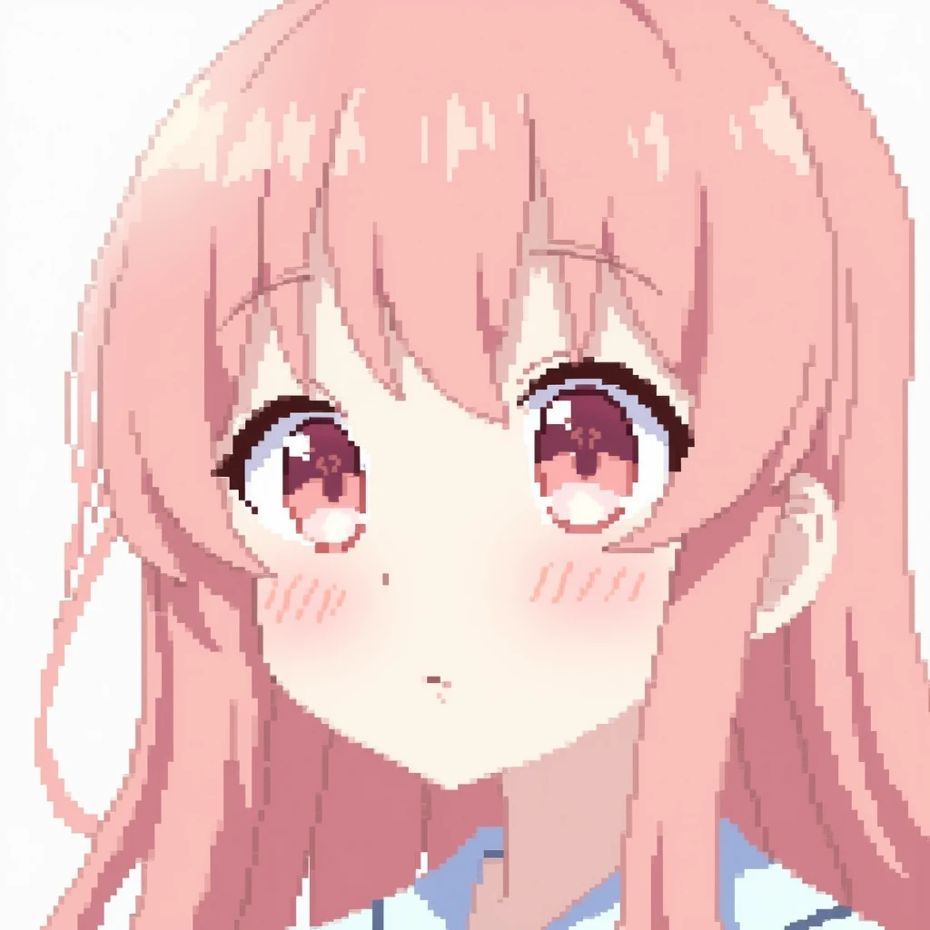 Chibi anime pixel art style, close up, female character, pink long hair, pink eyes, calmed expression, blank background