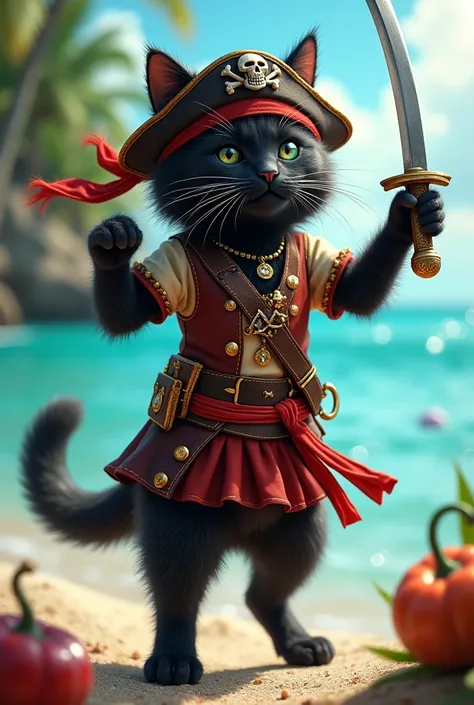 Cat Dance　A black cat 　A real cat cosplaying as a pirate in the Caribbean sea is wearing a pirate costume and holding a sword in his hand　She&#39;s a cute pirate girl, standing on her back on two legs, wearing stolen jewels and other things.