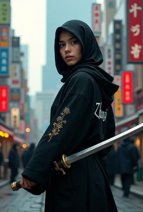 A girl in a hijab wearing a black hoodie with Zhansi written on the back while carrying a sword on the streets of Japan.