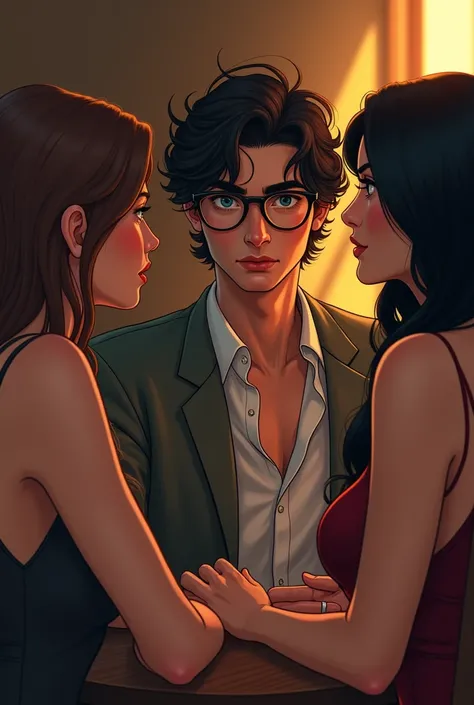 nerdy man sitting with 2 beautiful women next to him, 2d high quality (don&#39;t show women&#39;s breasts too much, leave them hidden)