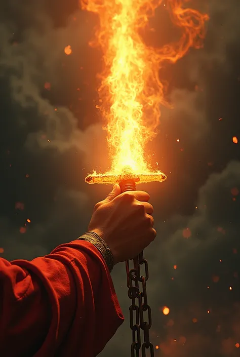 A man&#39;s hand holding a flaming fire sword descending from the sky and breaking the chains from top to bottom 