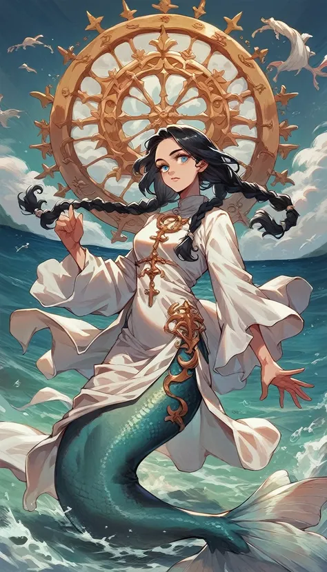 score_9, score_8_up, score_7_up, score_6_up, 1woman, black hair, twin-braids, blue eyes, cleric, mermaid, white robe, golden embroidery, ocean