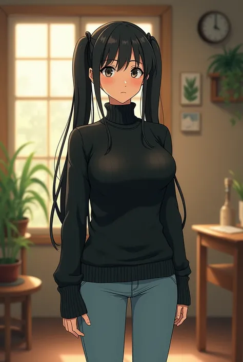 Studio Ghibli-esque、Japanese women、Black turtleneck sweater、Light blue skinny jeans、Black Hair、Twin tails、Big Breasts