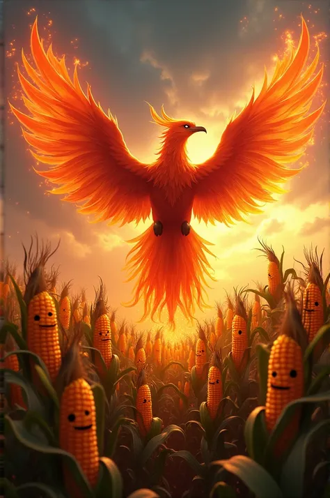 Ave fénix, flames in back, corn farm, corn with eyes and expressions, detail, 