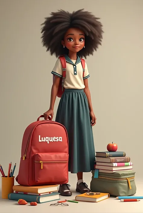 I want a teenage mulatto girl with school supplies and a long skirt uniform backpack with the name Luquesa written in large letters in front of her, centimeters below. 