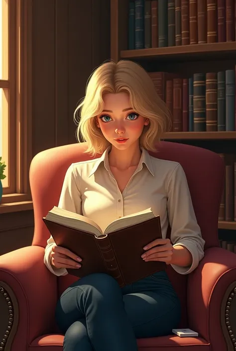 create a young adult blonde woman with short hair reading books in her library 