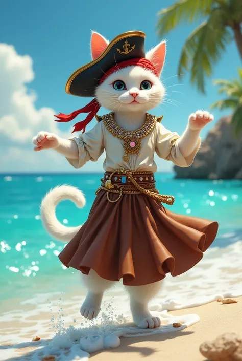 Cat Dance　White fur girl　A real cat cosplaying as a pirate in the Caribbean sea wearing a pirate costume with a lot of jewels in his hands　She&#39;s a pirate girl, but she&#39;s wearing a cute long brown skirt, standing on her back on two legs, and wearing...