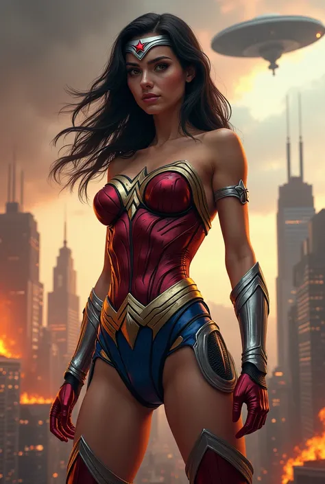 (((Wonder Woman Fusion Symbiote)))A beautiful woman with long black hair wearing a leather jumpsuit with the colors of the gay flag, a corset with a silver eagle as an emblem on her chest, red boots and gloves, silver metal bracelets, a silver metal headba...