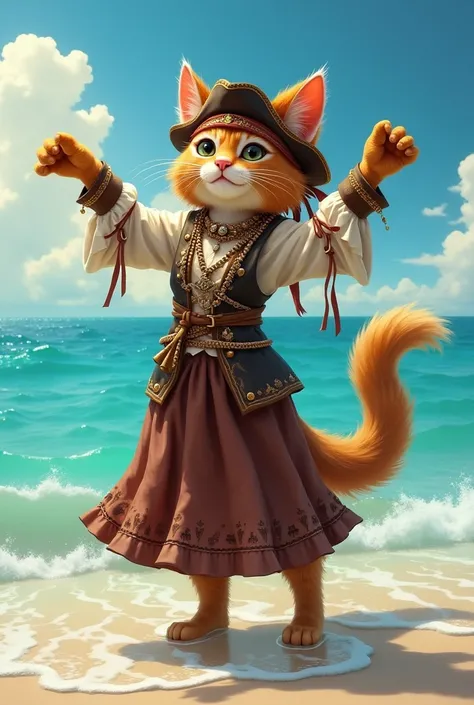 Cat Dance　Brown furry girl cat　A real cat wearing a pirate costume in the Caribbean sea is raising his hands and holding a lot of jewelry such as necklaces.　She&#39;s a pirate girl, but she&#39;s wearing a cute long brown dress. She&#39;s the daughter of t...