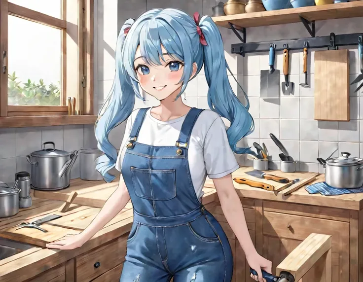 light blue long hair、carpenter, a beautiful girl with twin tails、denim jumpsuit、bright smile、i am renovating the kitchen、there a...