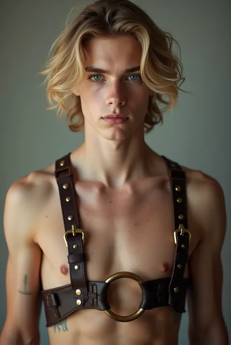 attractive blond teenage boy wearing a cock ring harness