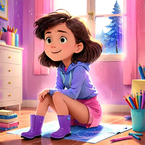 Clara, a  girl with brown wavy hair, drawing with crayons, happy expression, wearing blue rain boots, wearing pink and purple clothes. No background.Detailed face, intricate details, colorful crayons, cozy indoor setting, beautiful lighting, soft pastel co...