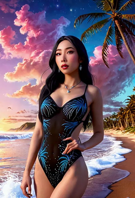 cute Yuna, 25, portraying morticia adams, sexy sultry black swimwear, sultry hip swaing stroll, seductress at the beach, UFO in starry sky, realistic, photorealistic, photo-realistic:1.37, best quality,8k,highres,masterpiece:1.2,ultra-detailed,vivid colors...