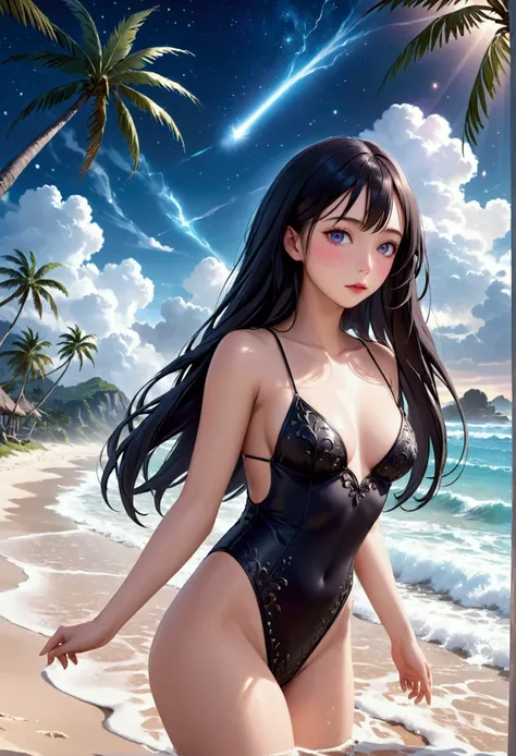 cute Yuna, 25, portraying morticia adams, sexy sultry black swimwear, sultry hip swaing stroll, seductress at the beach, UFO in starry sky, realistic, photorealistic, photo-realistic:1.37, best quality,8k,highres,masterpiece:1.2,ultra-detailed,vivid colors...