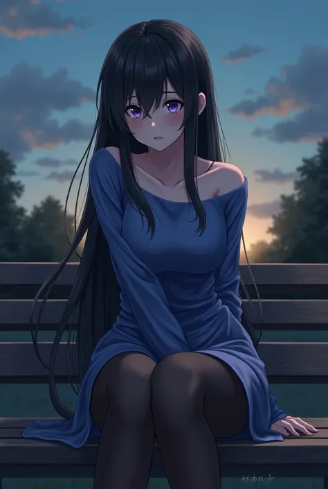 A 3 woman, wearing a blue mini-dress and black stockings, pretty, curvy, long black hair, fair skin, annoyed, sitting on a street bench, alone, at dusk, drawn in an anime style