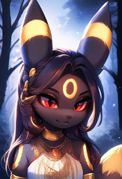 score_9, score_8_up, score_7_up, source_furry, rating_safe, by magnaluna,, 1girl,anthro, umbreon, black body fur, gold markings, pokemon, red eyes, fluffy fur, at night, moonlight, forest, detailed background, best quality, clothing, 1 tail