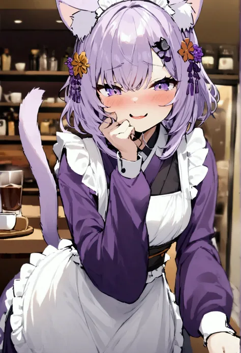 NSFW,masterpiece,Highest quality,High resolution,Very detailed,Cat porridge(Hololive),Purple Hair,Cat ear,tail,Purple Eyes,kimono、kimono、White apron、紫色のkimono、hair ornaments、Long sleeve、maid、和maid、Sleeve length up to the wrist、Frilled Apron、Purple sleeves,...