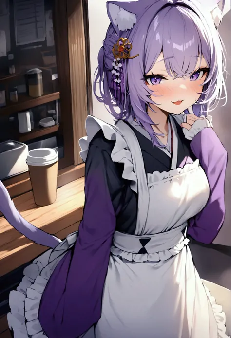 NSFW,masterpiece,Highest quality,High resolution,Very detailed,Cat porridge(Hololive),Purple Hair,Cat ear,tail,Purple Eyes,kimono、kimono、White apron、紫色のkimono、hair ornaments、Long sleeve、maid、和maid、Sleeve length up to the wrist、Frilled Apron、Purple sleeves,...