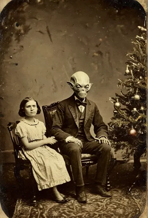 daguerreotype photo of an alien from space as he is sitting with a family next to a christmas tree, masterpiece,