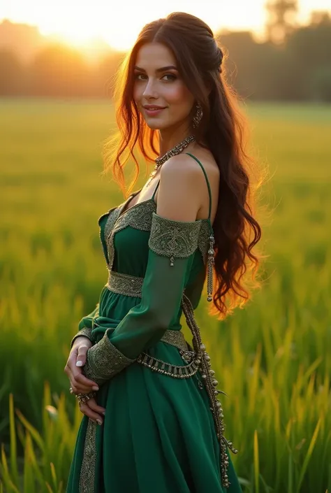 beautiful turkish Moroccan woman, standing in a green field, wearing arabic dress, long hair, outdoor, sun natural light, big hips, sexy, big butt, booty, pale white skin, makeup, arabic realistic beauty, smiling pose, realistic, realistic detailed, intric...