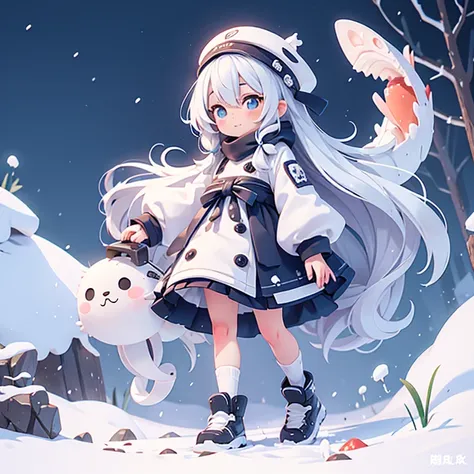 Hokkaido　snow　seafood　Personification　Silver Hair　Long Hair
