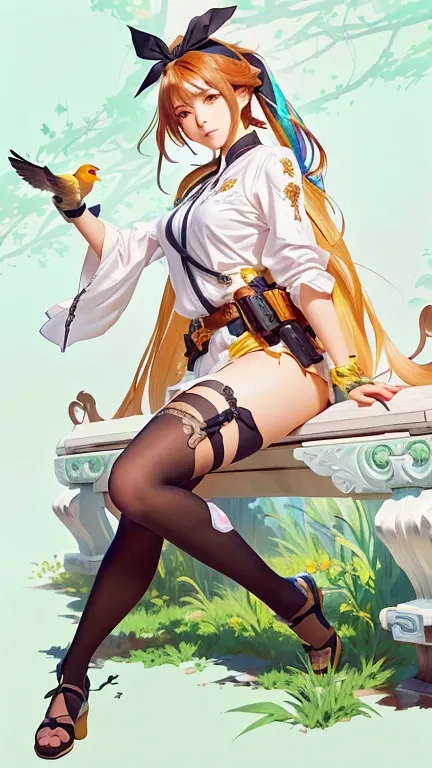 girl sitting on a bench with a bird in her hand, cushart krenz key art feminine, guilty gear art style, alphonse mucha and rossdraws, artgerm colorful!!!, artwork in the style of guweiz, maple story gun girl, style ivan talavera and artgerm, inspired by Ma...