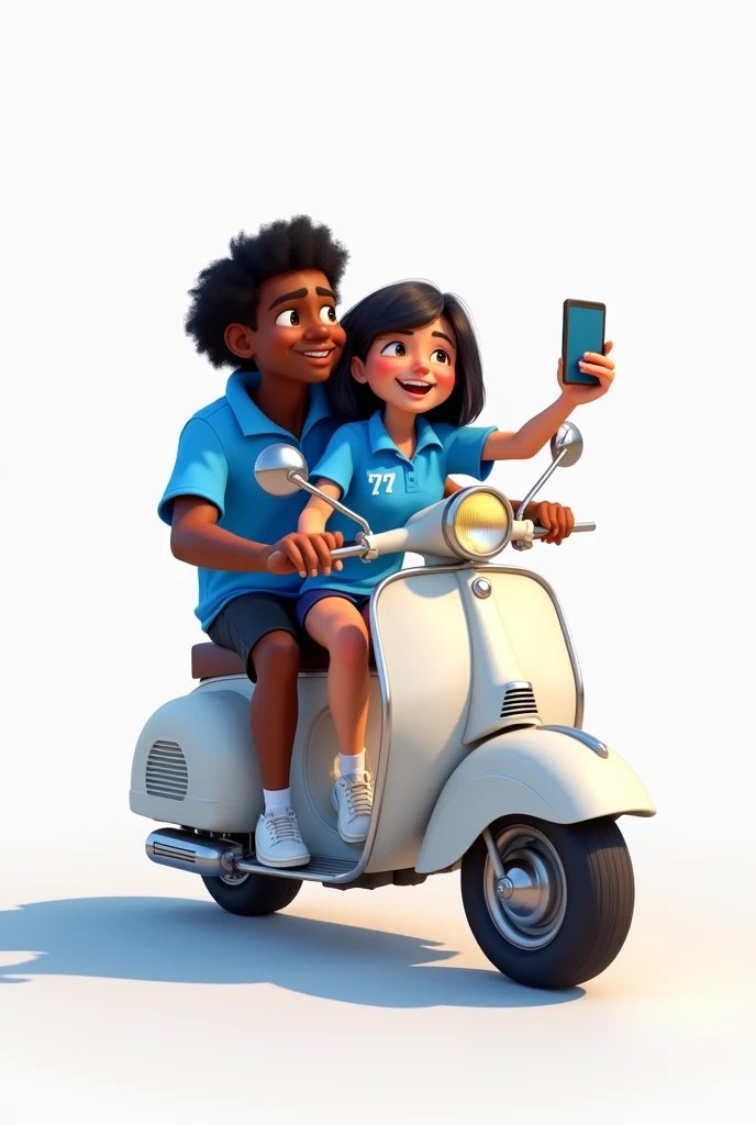 Pixar style photo of two people on a white wave motorcycle sitting, the dark-skinned boy driving with a 77 on his back and a blue basketball sports polo shirt, the girl in the back with a blue polo shirt, medium black hair, black sports shorts taking a pho...