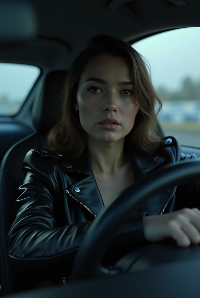 Woman in black jacket inside a car in front of the steering wheel
