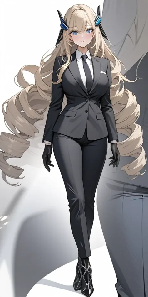 ((masterpiece)), ((high quality)),((ultra-detailed)), ((extremely detailed)),4K,8K, (character portrait), wearing blue pants suit, in business suits, navy collared shirt, a beautiful woman, very tall woman with great style, tight suit, big breasts, slender...