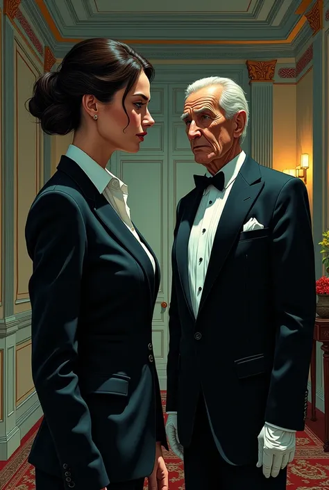 a graphic novel type illustration in which a young female inspector in a suit in a mansion talking to an old butler 